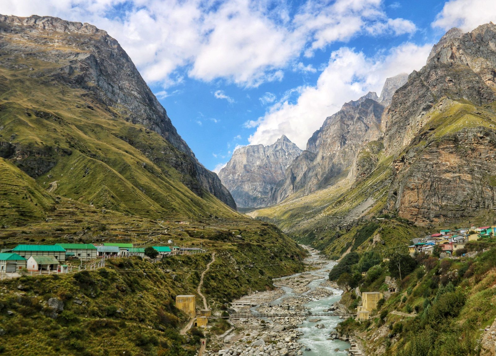Explore the breathtaking beauty of Mana village nestled in the Himalayas with its stunning mountains and river.