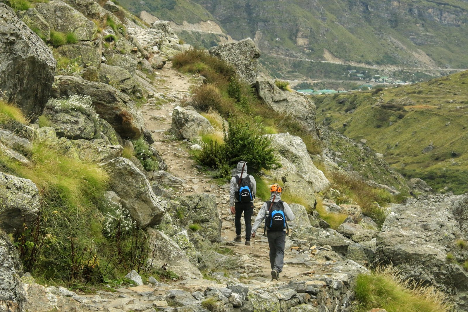 Two hikers navigate a rocky mountain trail in Badrinath, India, surrounded by lush green landscape.